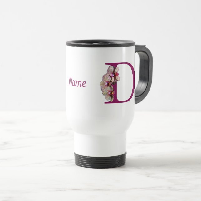 Orchid Elegant Monogram Initial D Personalized Travel Mug (Front Right)