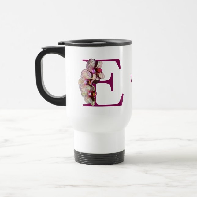 Orchid Elegant Monogram Initial E Personalized Travel Mug (Left)