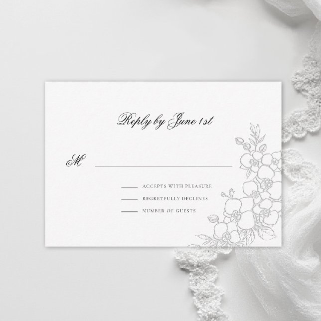 Orchid Elevated White Traditional Formal Wedding RSVP Card (orchid wedding rsvp card formal modern classic traditional black tie parents hosted white)