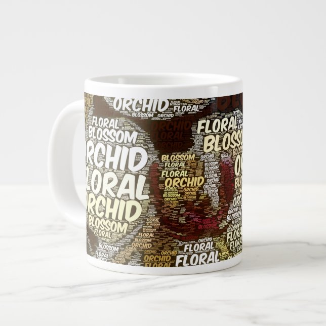 Orchid Floral Blossom Over Burgundy Word Cloud Large Coffee Mug (Front Left)