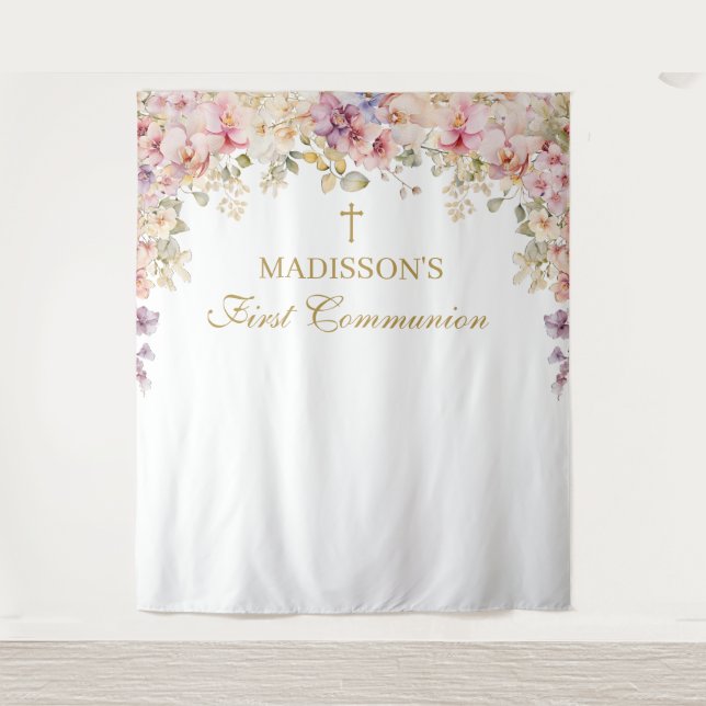 Orchid Floral First Communion Backdrop Tapestry (Front)