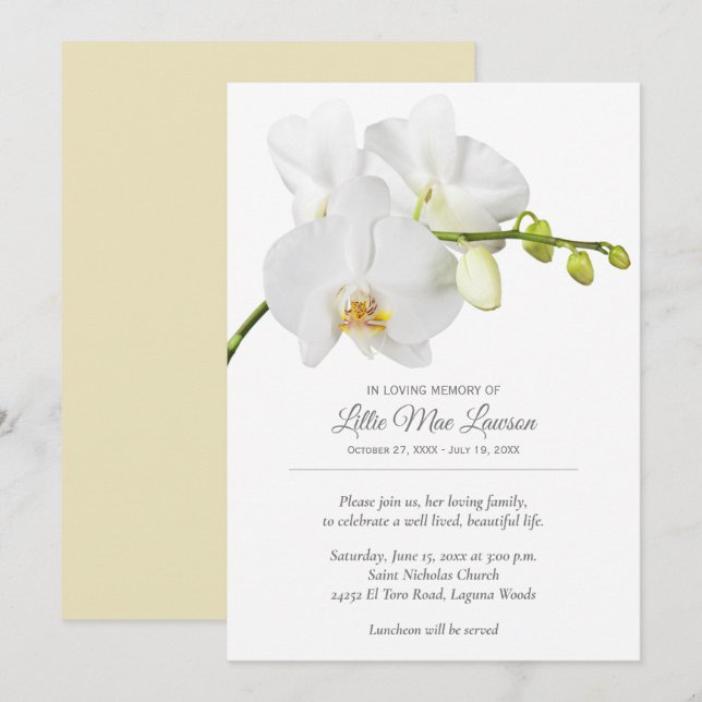 Orchid Floral Funeral Memorial Celebration Invite (Front/Back)