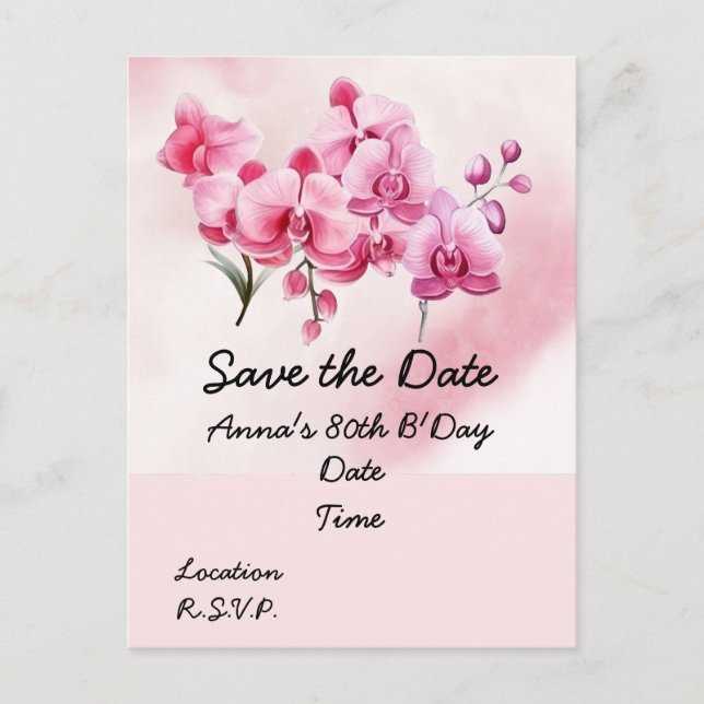Orchid flower 80th Birthday Save the Date Postcard (Front)