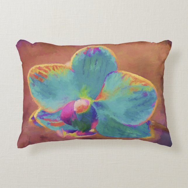 Orchid flower painting blue brown accent pillow (Front)