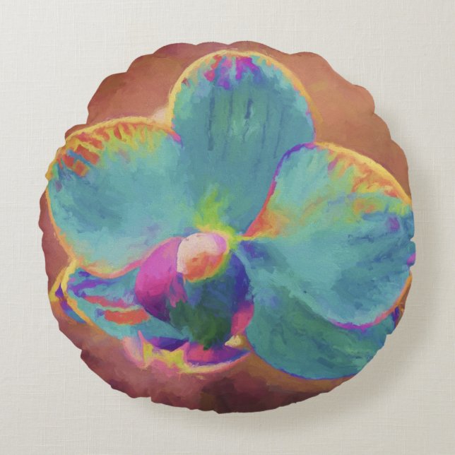 Orchid flower painting blue brown round pillow (Front)