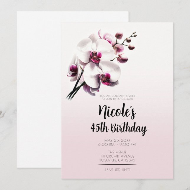 Orchid Flower Pink & White Birthday Party Invitation (Front/Back)