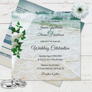 Orchid Flowers Beach with Lace Destination Wedding Invitation