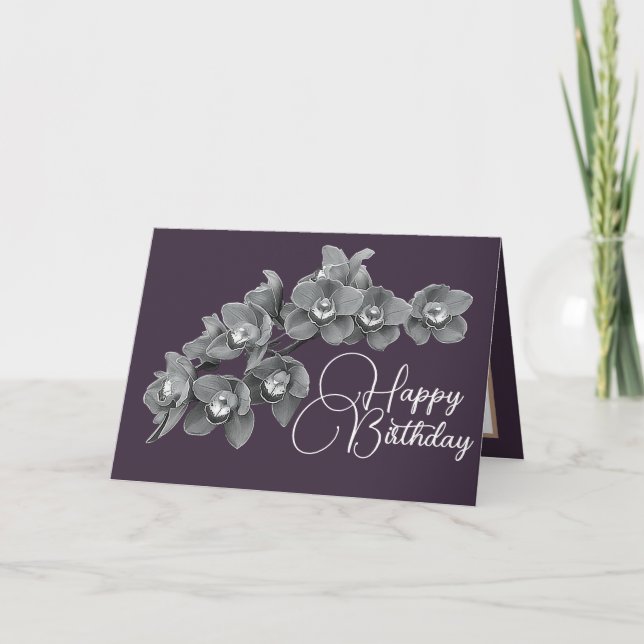 Orchid Flowers Eggplant Colour Background Birthday Card (Front)