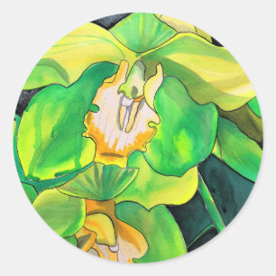 Orchid flowers green and yellow art classic round sticker