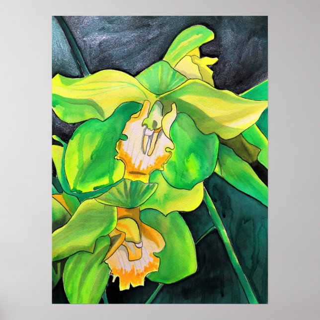 Orchid flowers green and yellow art poster (Front)