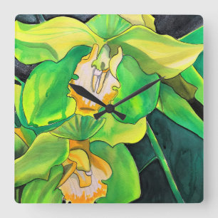 Orchid flowers green and yellow art square wall clock