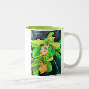 Orchid flowers green and yellow art Two-Tone coffee mug