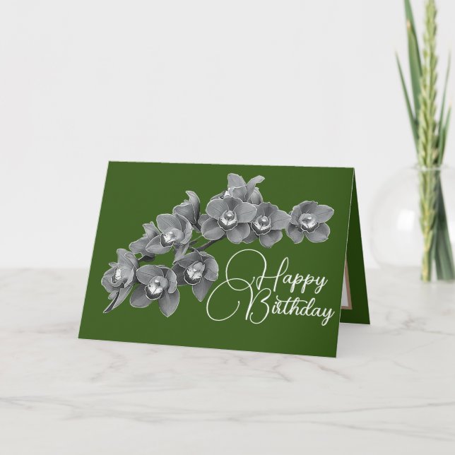 Orchid Flowers Green Colour Background Birthday Card (Front)