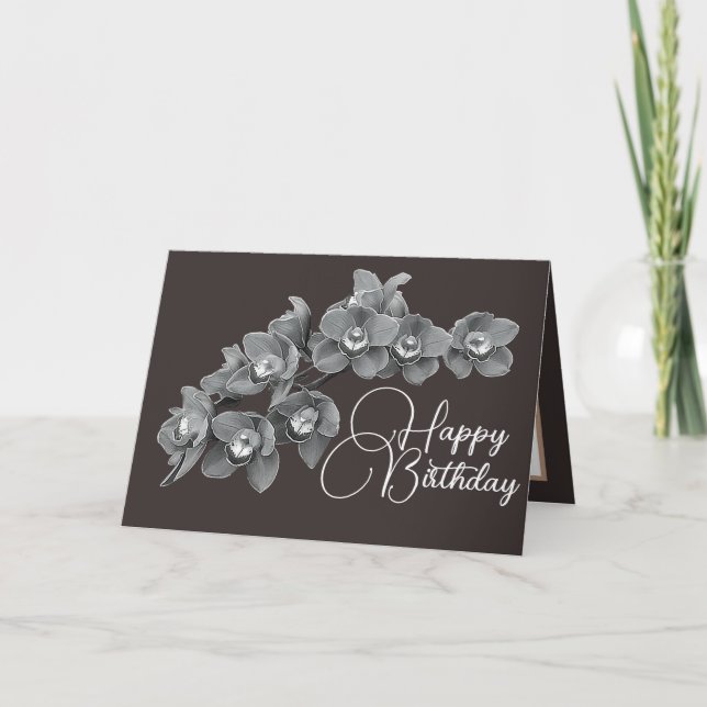 Orchid Flowers Grey Colour Background Birthday Card (Front)