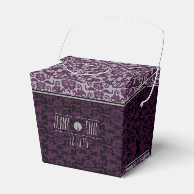 Orchid Grey Chinese Brocade Wedding Takeout Favor Box (Front Side)