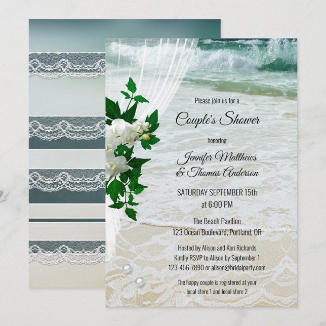 Orchid Lace Beach Bridal Couple Shower Invitation (Front/Back)