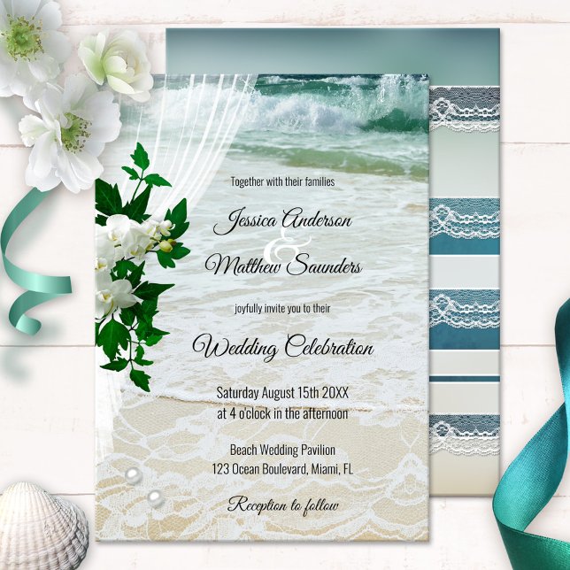 Orchid Lace Beach Destination Mariage Invitation (Wedding invitation showing orchid flowers on a veil overlooking a beach with romantic lace and pearl)