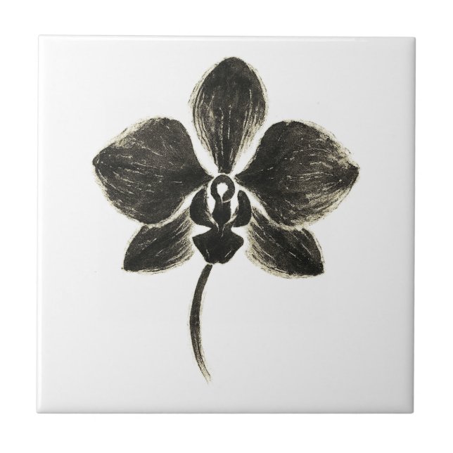 Orchid Line Drawing – Ink Floral Design on Tile (Front)