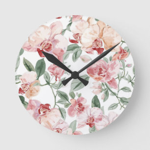 Orchid Meadow Watercolor Floral Blushing Botanical Round Clock