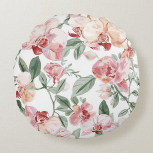 Orchid Meadow Watercolor Floral Blushing Botanical Round Pillow