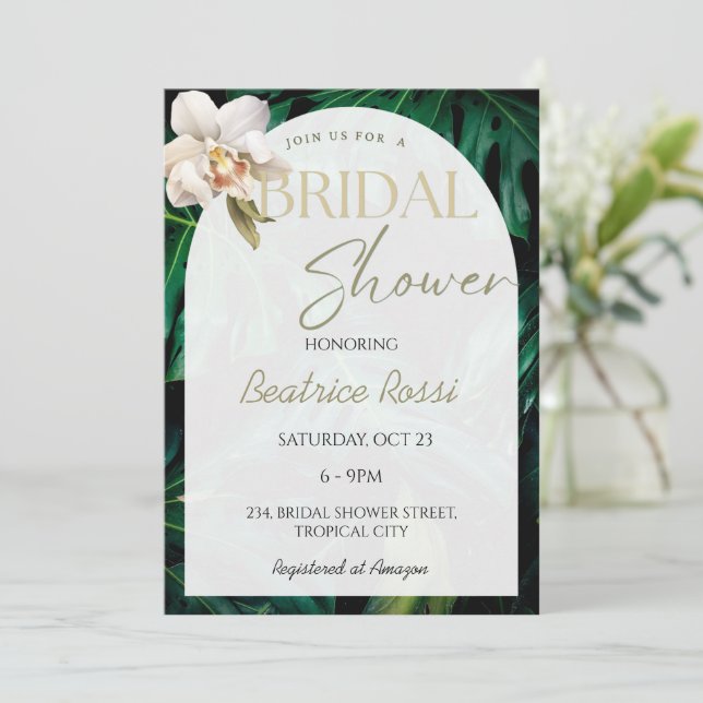 Orchid Monstera Tropical Bridal Shower Invitation (Standing Front)