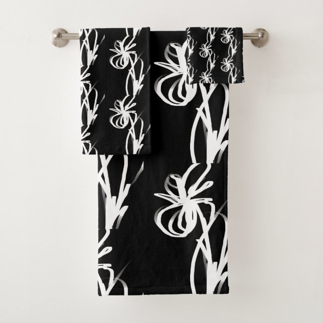 Orchid Noir: Abstract Black & White Bath Towel Set (Insitu)