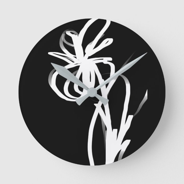 Orchid Noir: Abstract Black & White Round Clock (Front)