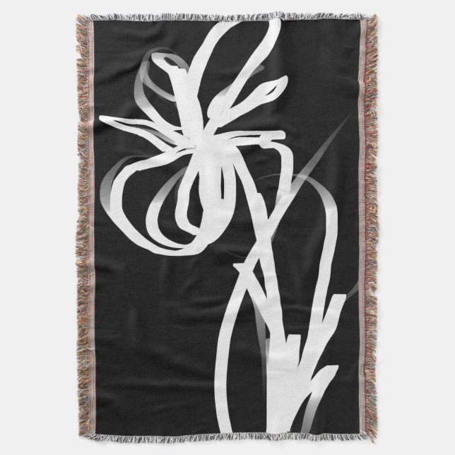Orchid Noir: Abstract Black & White Throw Blanket (Front Vertical)