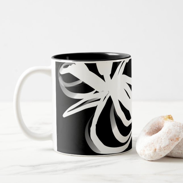 Orchid Noir: Abstract Black & White Two-Tone Coffee Mug (With Donut)