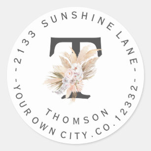 Orchid Pampas Grass Monogram Circular Address  Classic Round Sticker