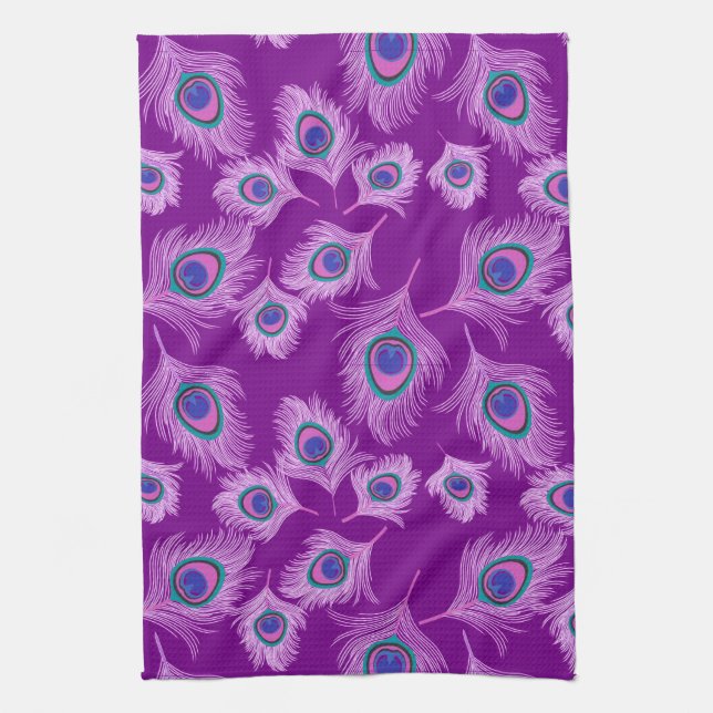 Orchid Peacock Feathers on Amethyst Purple  Kitchen Towel (Vertical)