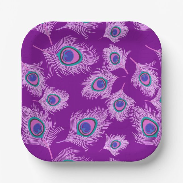 Orchid Peacock Feathers on Amethyst Purple Paper Plate (Front)