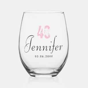 Orchid Pink Birthday Number   Black Name Date Stemless Wine Glass