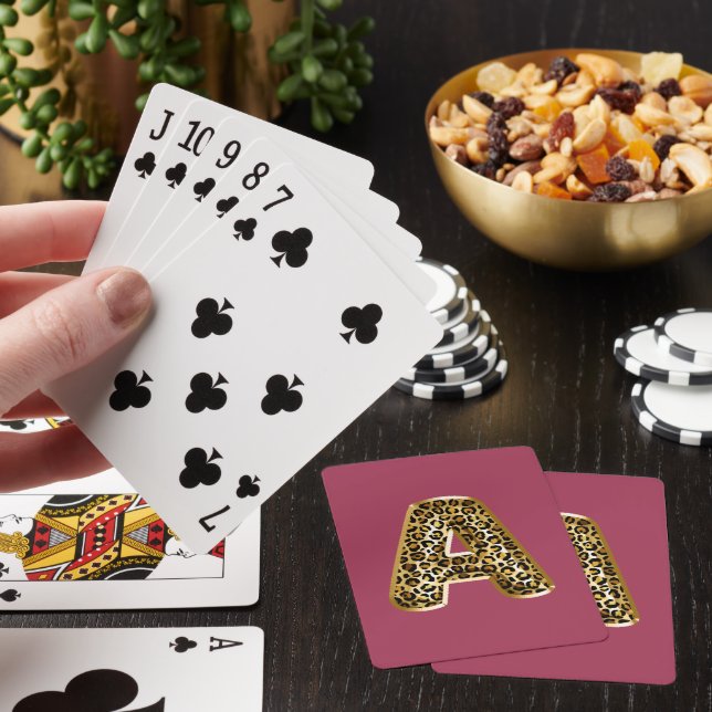 Orchid Pink Leopard Print Letter A Playing Cards (In Situ)