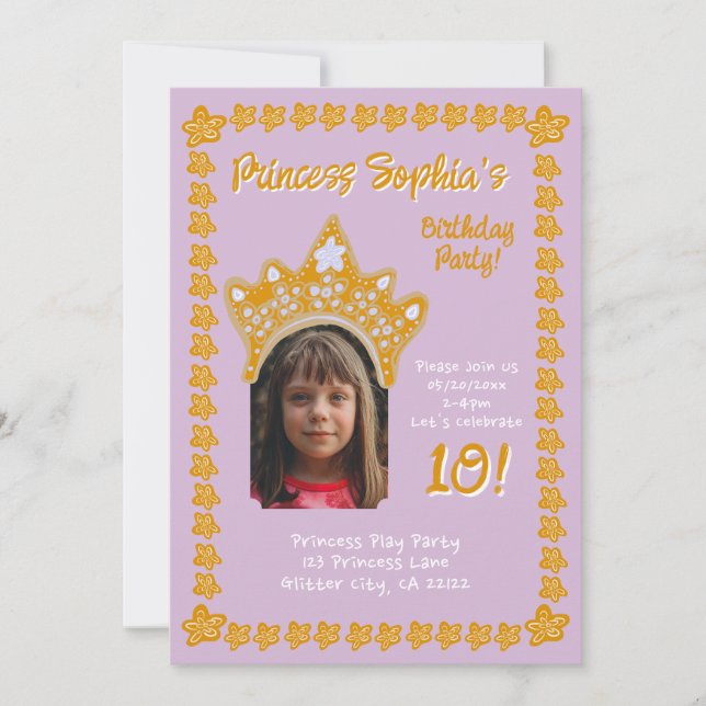 Orchid Pink Princess Crown Floral Photo Birthday Invitation (Front)