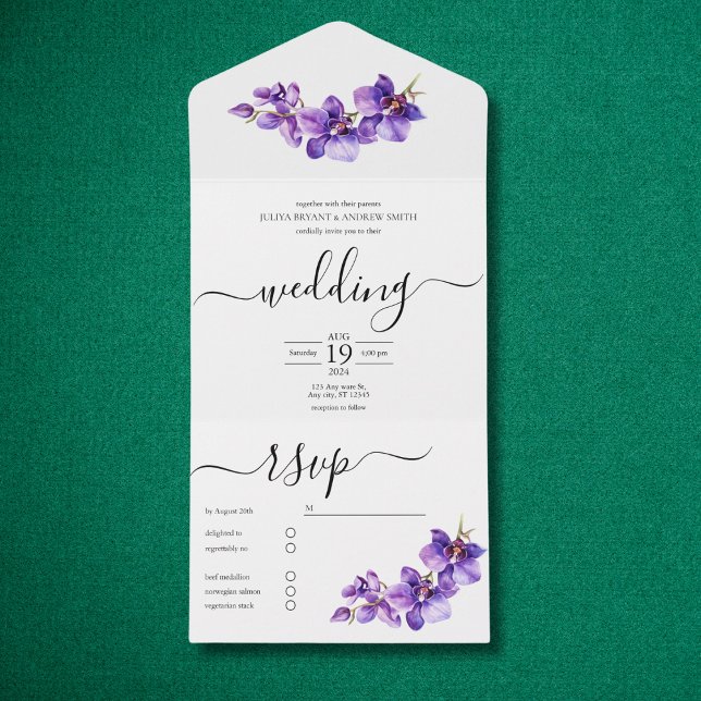 Orchid purple and white Script wedding All In One Invitation (Creator Uploaded)