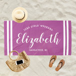 Orchid Purple Girls Weekend Personalized Name Beach Towel<br><div class="desc">Personalized beach towel design for a girls' weekend vacation getaway features a custom first name in modern script writing framed by coastal stripes,  with custom text for the occasion. The radiant orchid purple background colour can be modified. Please visit our shop for other colour options.</div>
