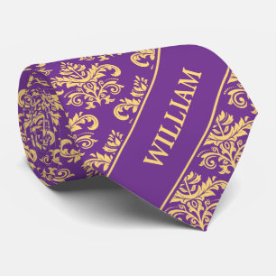 Orchid Purple Gold Vintage Damask Monogram Name Tie