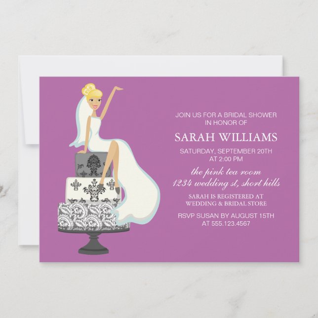Orchid Radiant Bride on Wedding Cake Invitation (Front)