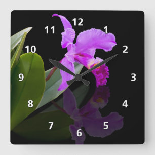 Orchid Reflections on Black Square Wall Clock