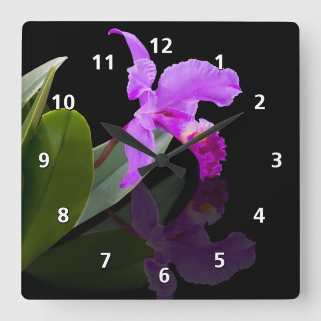 Orchid Reflections on Black Square Wall Clock (Front)