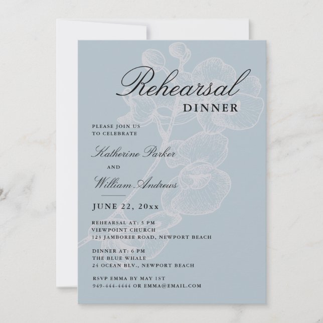 Orchid Sketch Dusty Blue Elegant Rehearsal Dinner Invitation (Front)