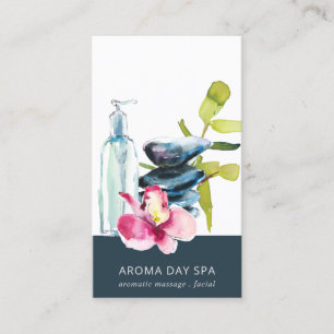 ORCHID STONE NAVY WATERCOLOR SPA MASSAGE THERAPY BUSINESS CARD