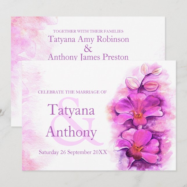 Orchid stylised watercolor purple wedding invite (Front/Back)