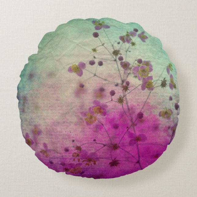 Orchid teal and purple floral script round pillow (Front)