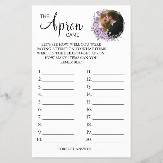 Orchid The Apron Bridal shower game card (Front)