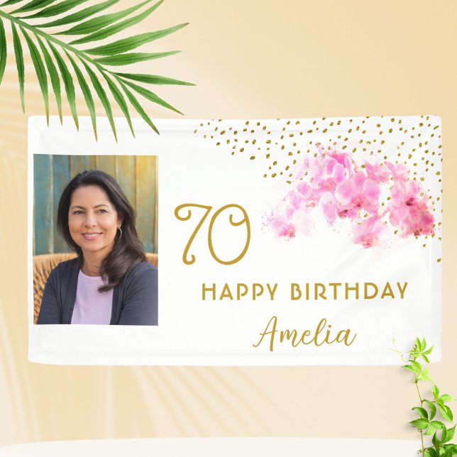 Orchid Watercolor Gold Glitter 70th Birthday Photo Banner (Creator Uploaded)