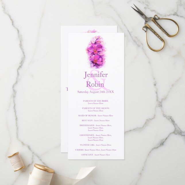 Orchid watercolor purple pink wedding program card (Front/Back In Situ)