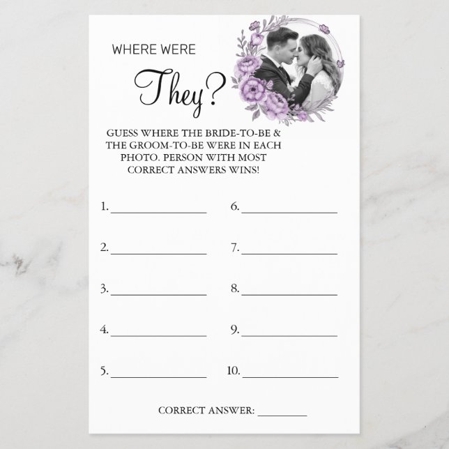Orchid Where were They Bridal shower game card (Front)