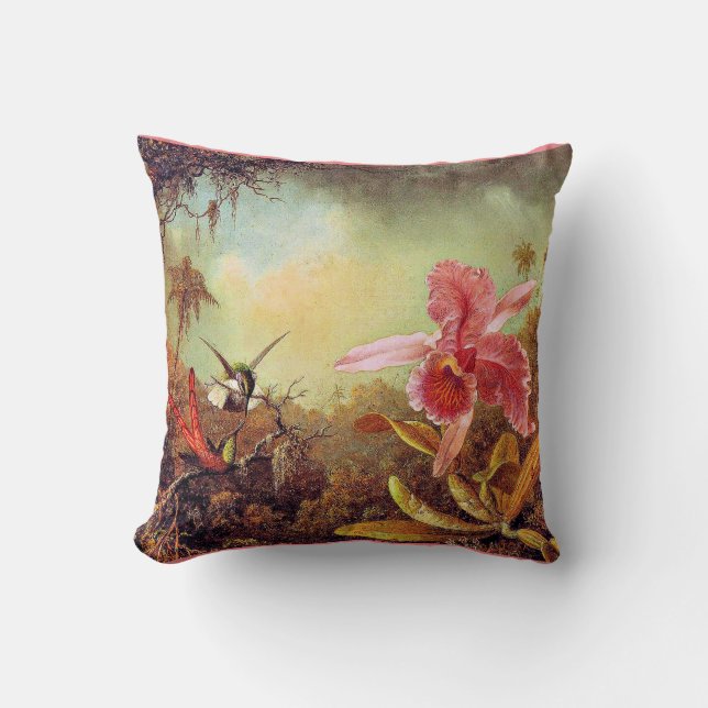 Orchid with Two Hummingbirds, fine art painting  Throw Pillow (Front)